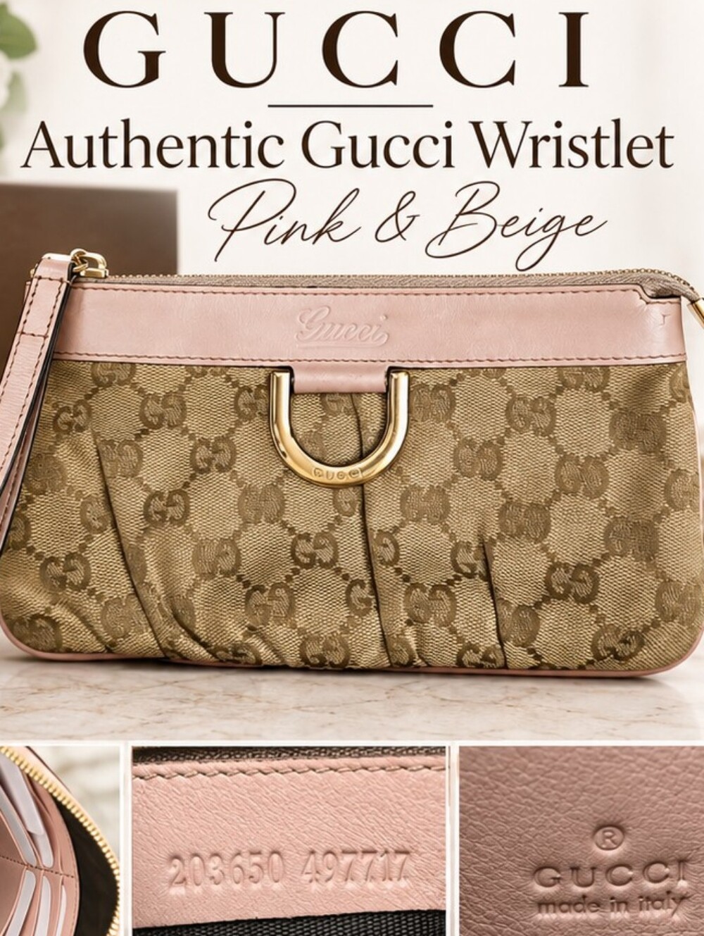 Authentic Gucci Pink & Beige GG Wristlet – Pre-Owned w/ Original Box
